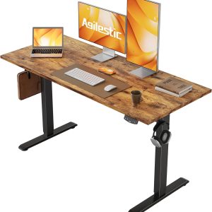 Electric Standing Desk, Adjustable Height Stand up Desk, 48x24 Inches Sit Stand Home Office Desk with Splice Board, Black Frame/Rustic Brown Top