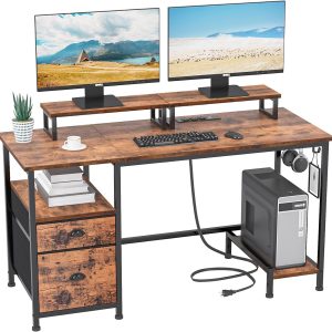 Furologee Computer Desk with Drawer and Power Outlets, 47" Office Desk with 2 Monitor Stands and Fabric File Cabinet, Writing Gaming Table with Shelves and 2 Hooks for Home Office, Rustic Brown