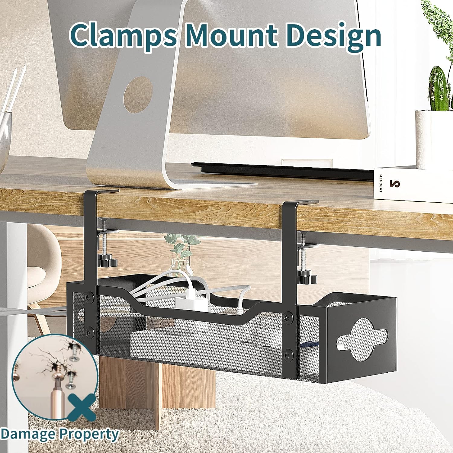 Under Desk Cable Management Tray, 15.7'' No Drill Steel Desk Cable Organizers, Wire Management Tray Cable Management Rack, Desk Cable Tray with Wire Organizer and Desk Cord Organizer - Image 3
